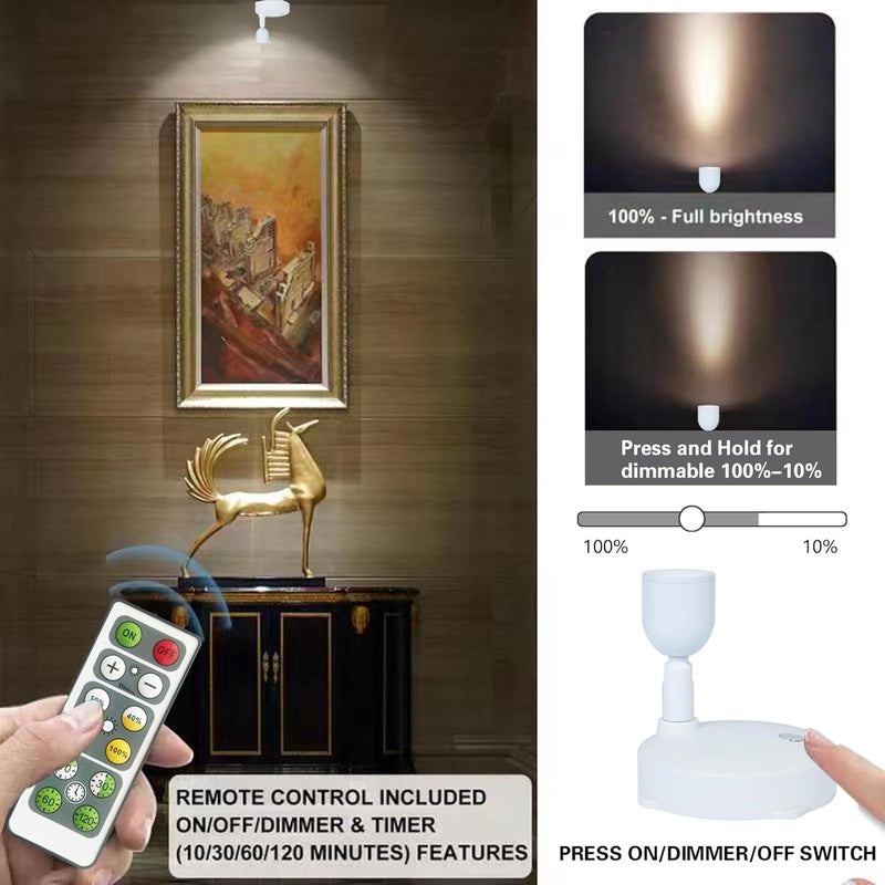 HAMVIDNE LED Spotlight, Battery Powered Picture Lights, Uplighting Indoor, Puck Lights with Remote, Small Spot Light for Wall Display Dartboard Painting Artwork -Natural White (White) - Image 2
